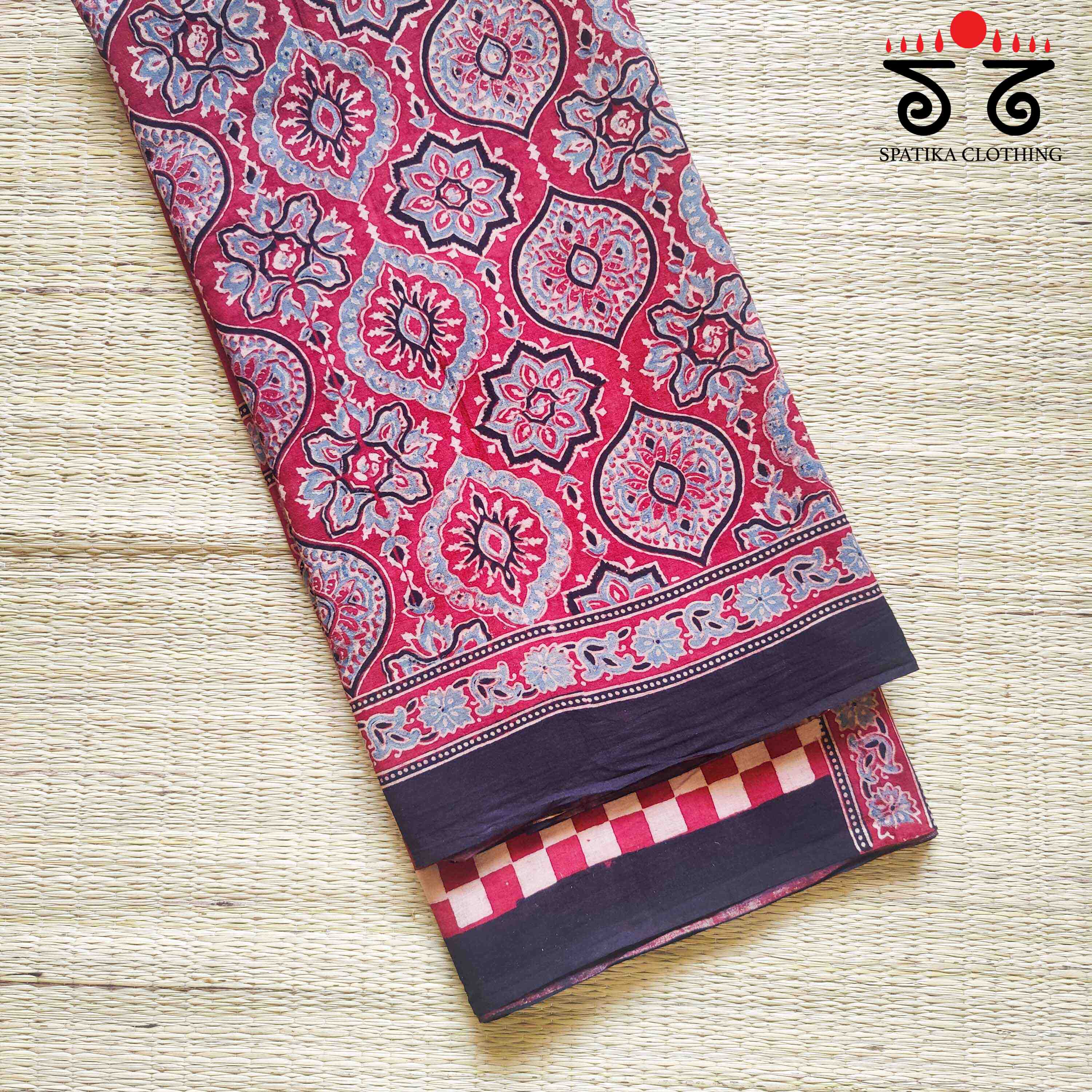 Ajrakh Handblock Print on Red Mulmul Cotton Saree