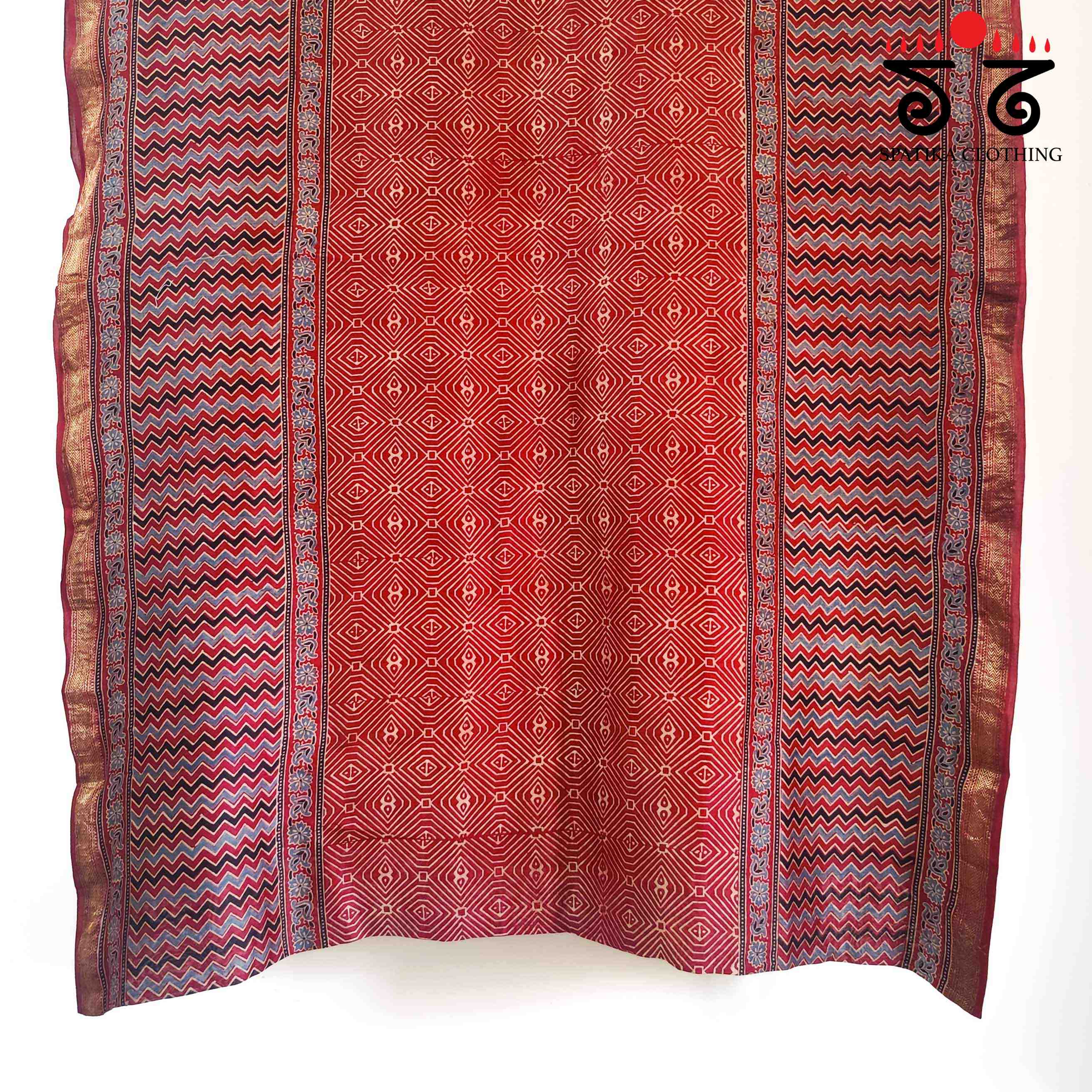 Red Ajrak Maheshwari Silk Cotton Saree