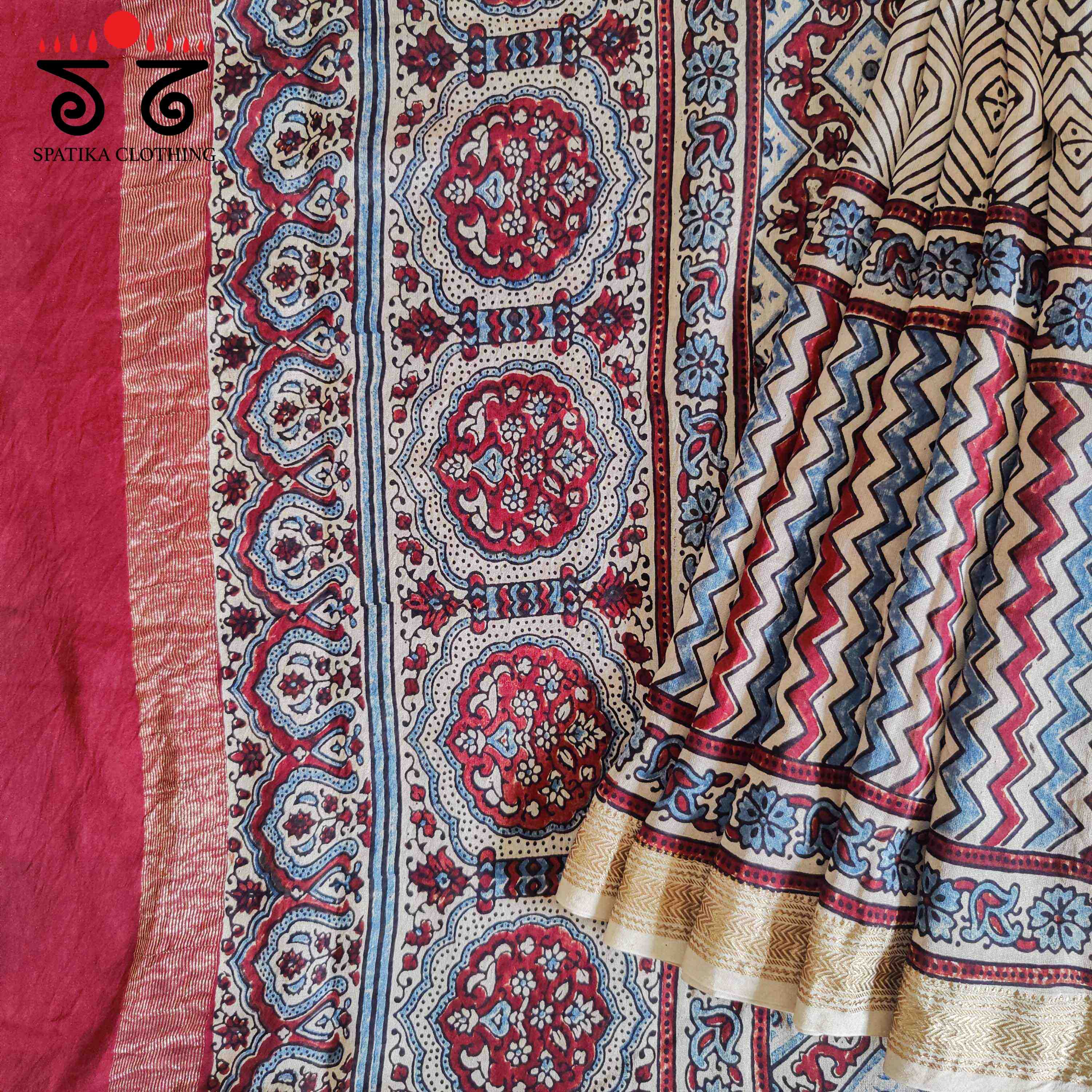 White Ajrak Maheshwari Silk Cotton Saree