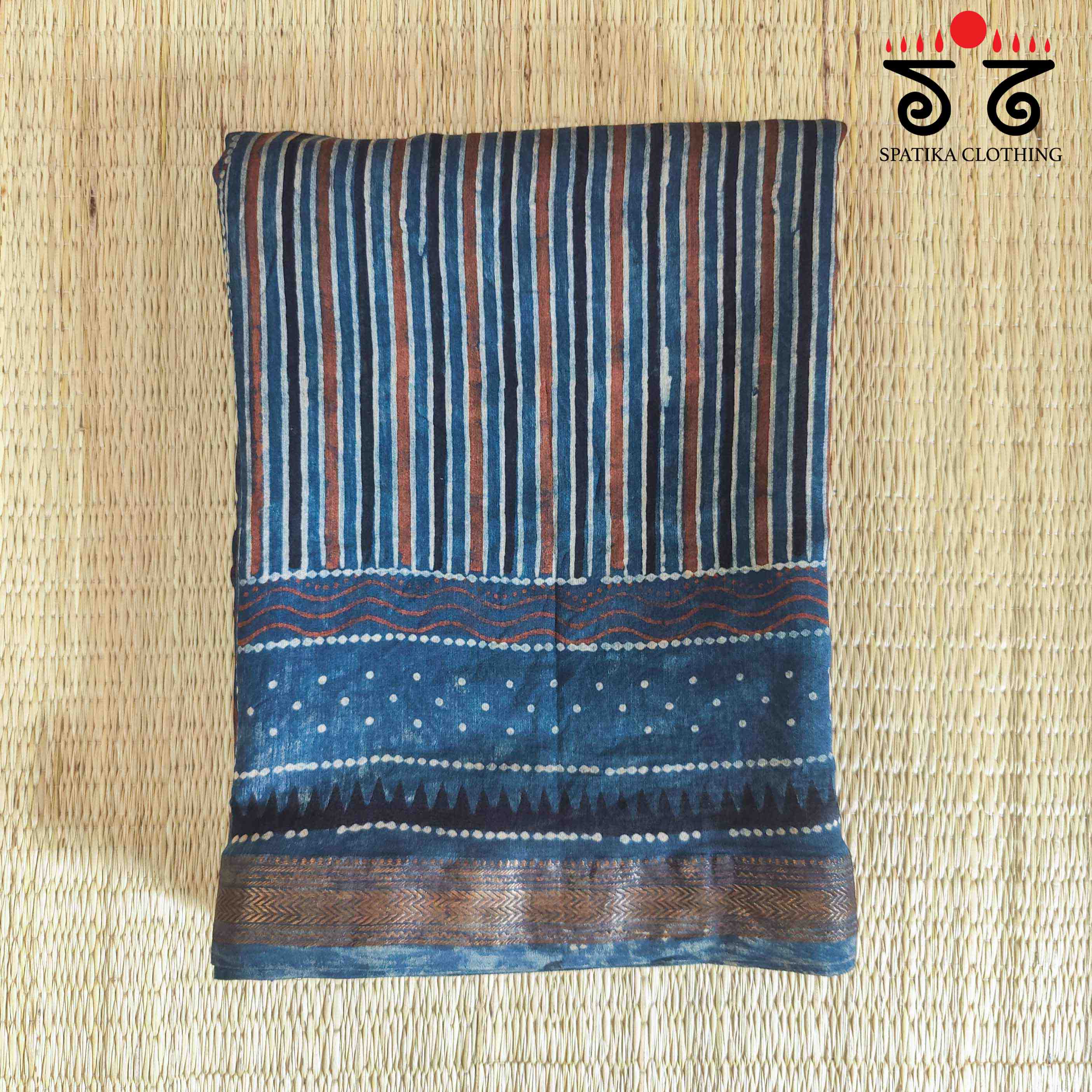 Blue Ajrak Maheshwari Silk Cotton Saree