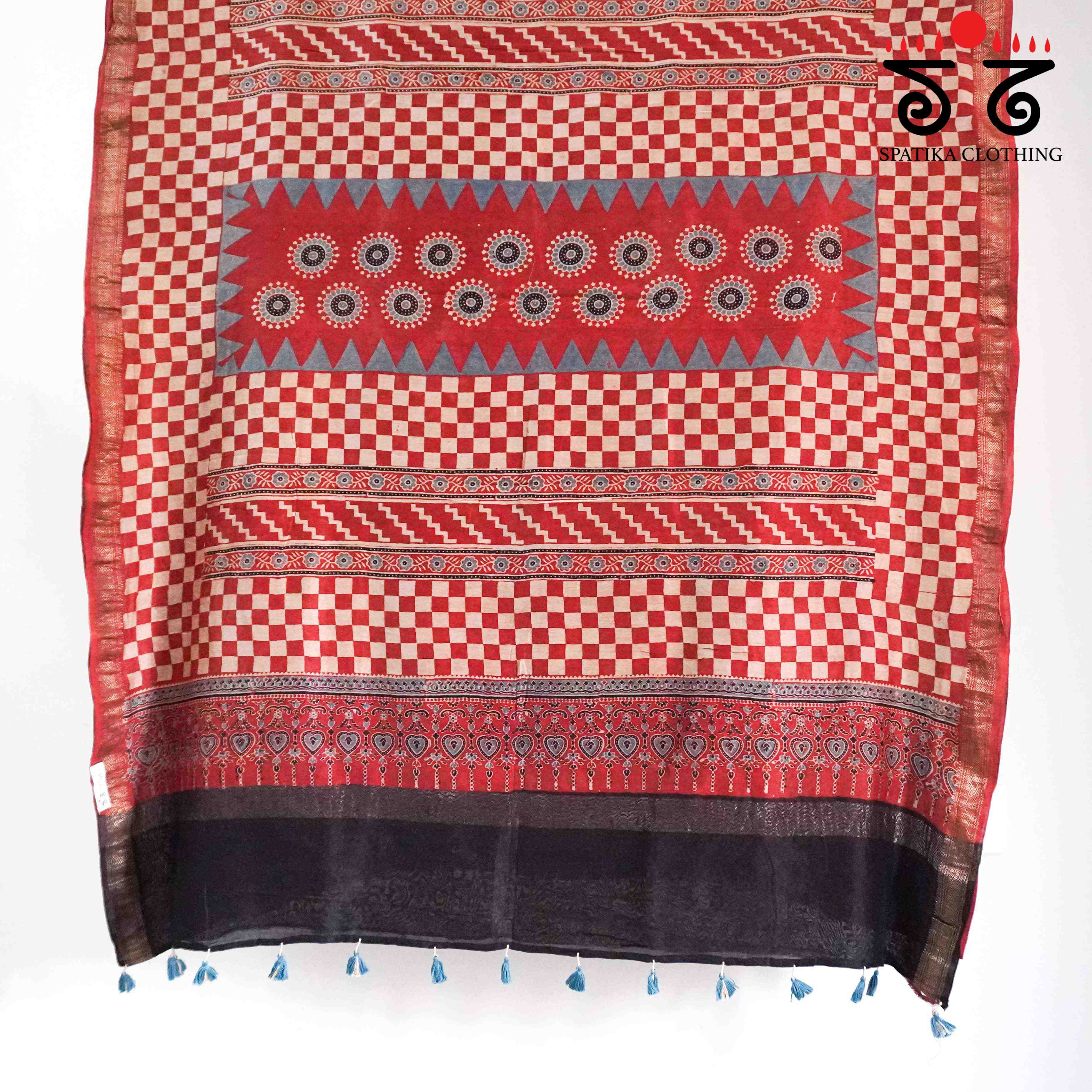 Red Ajrak Maheshwari Silk Cotton Saree