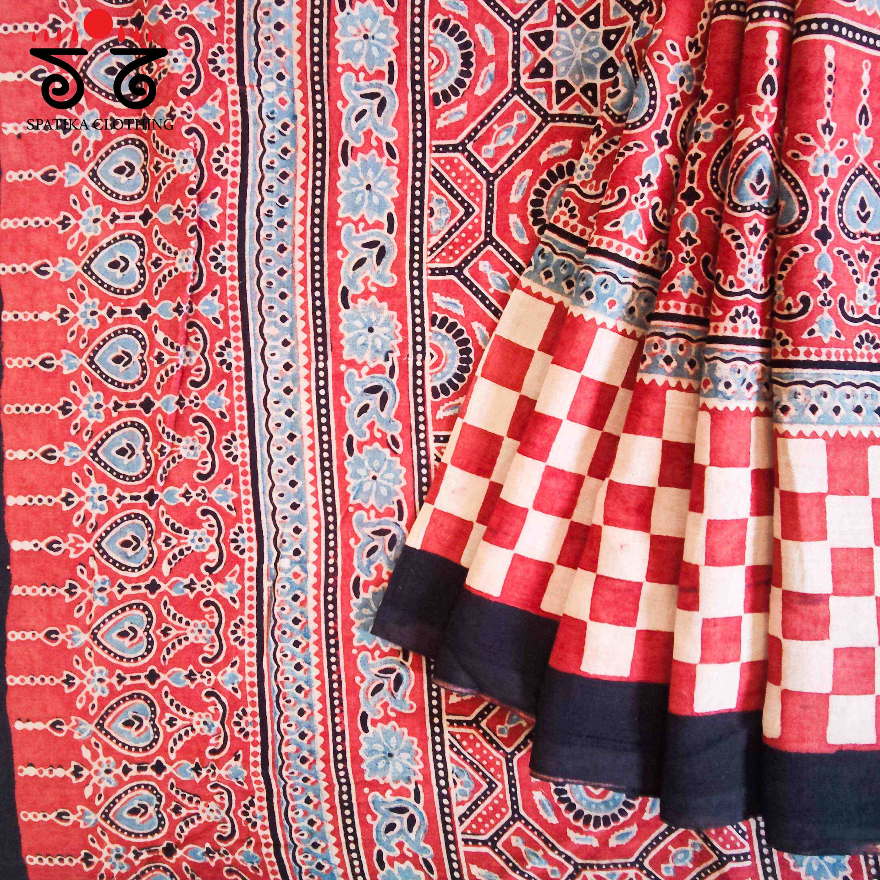 Ajrakh Handblock Print on Red Mulmul Cotton Saree