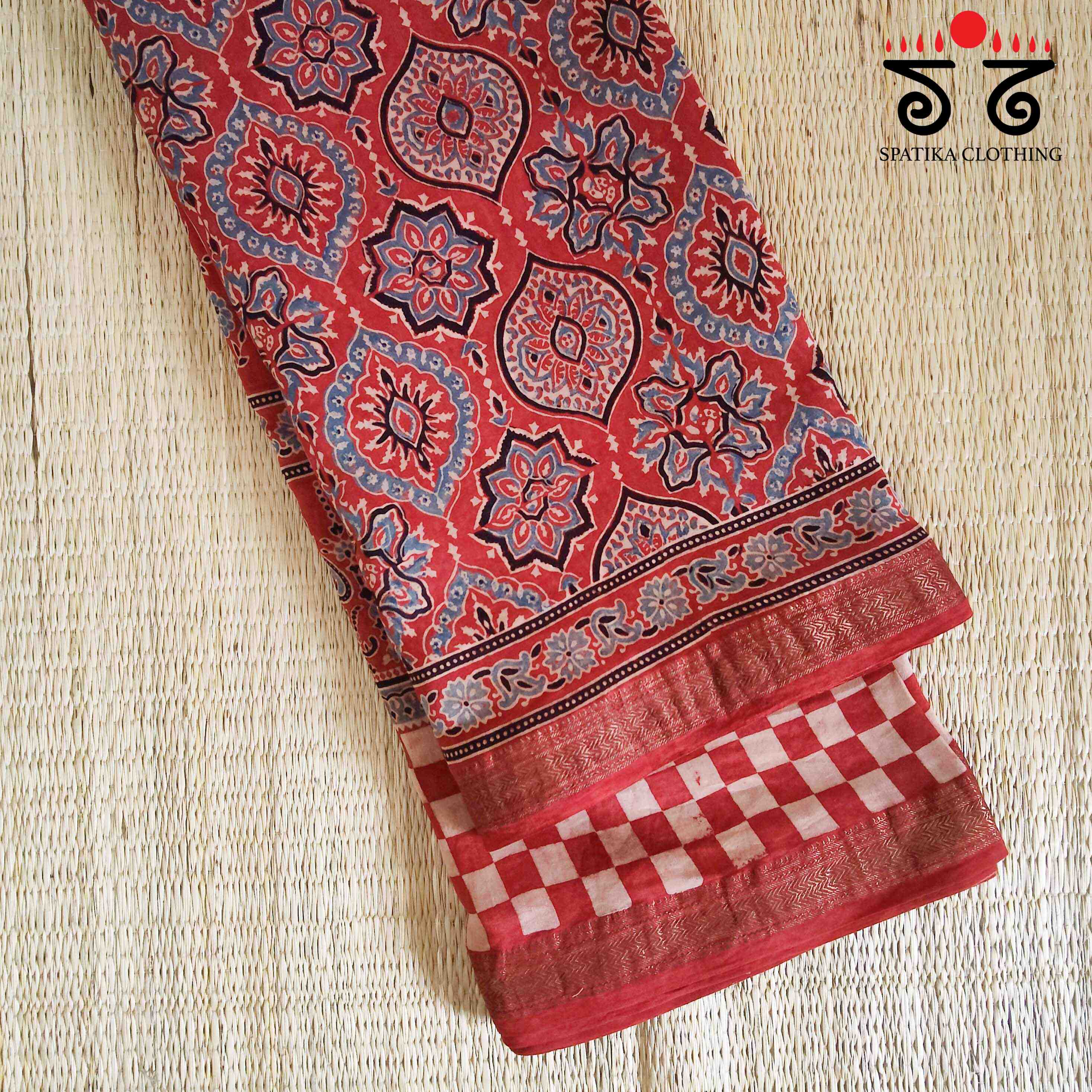 Red Ajrak Maheshwari Silk Cotton Saree