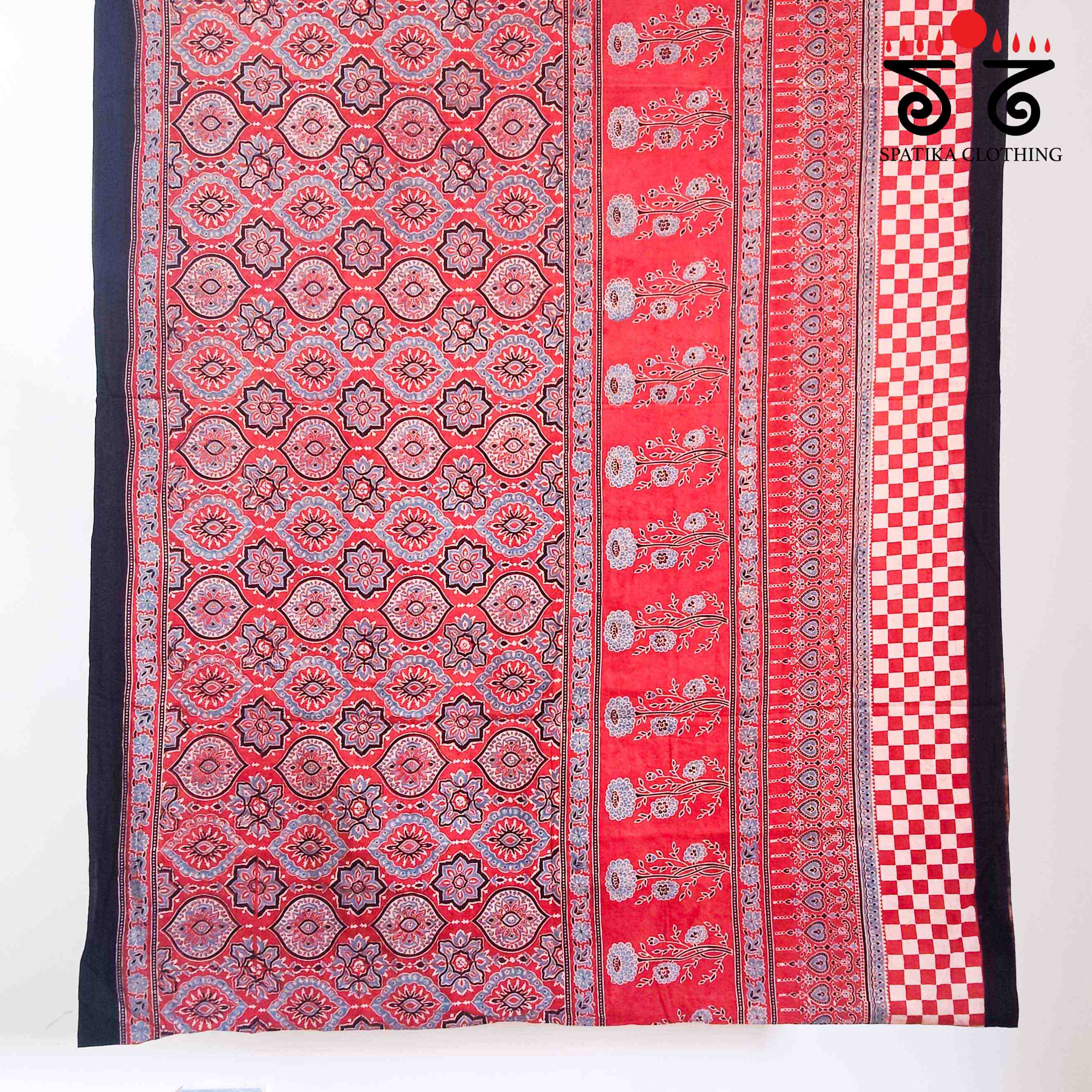 Ajrakh Handblock Print on Red Mulmul Cotton Saree