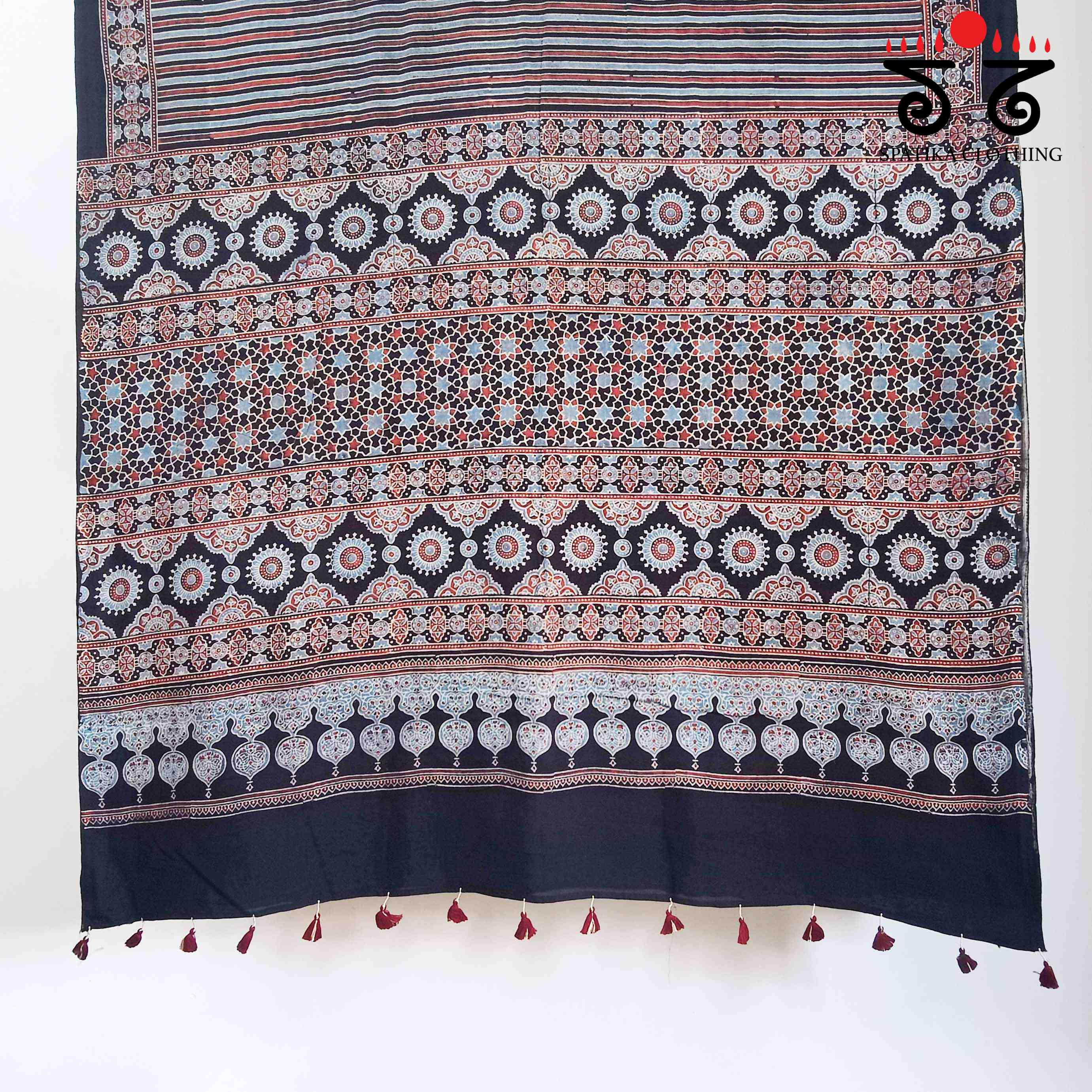Ajrakh Handblock Print on Black Mulmul Cotton Saree