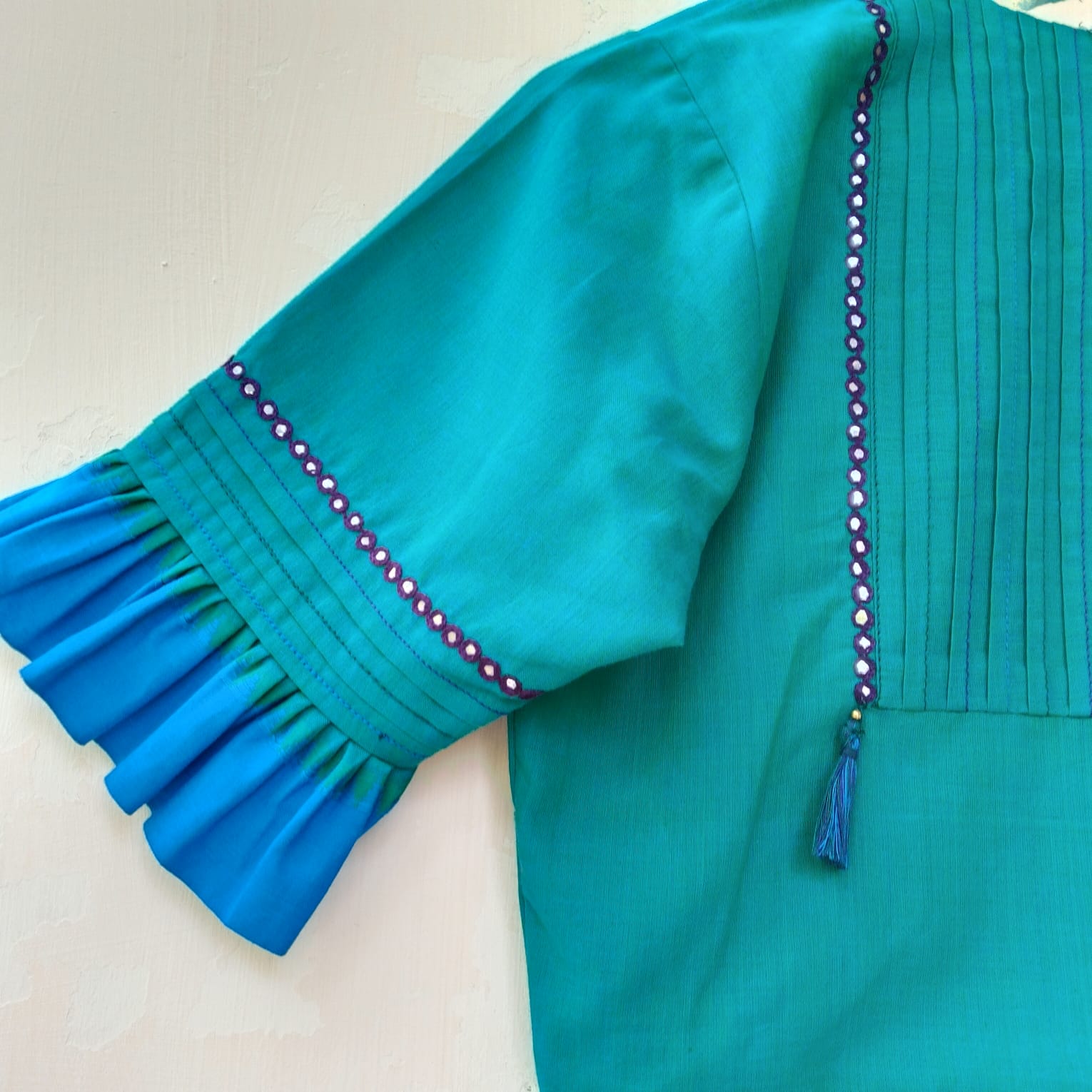 Aqua Blue Frilled Mirror- Handcrafted Blouse