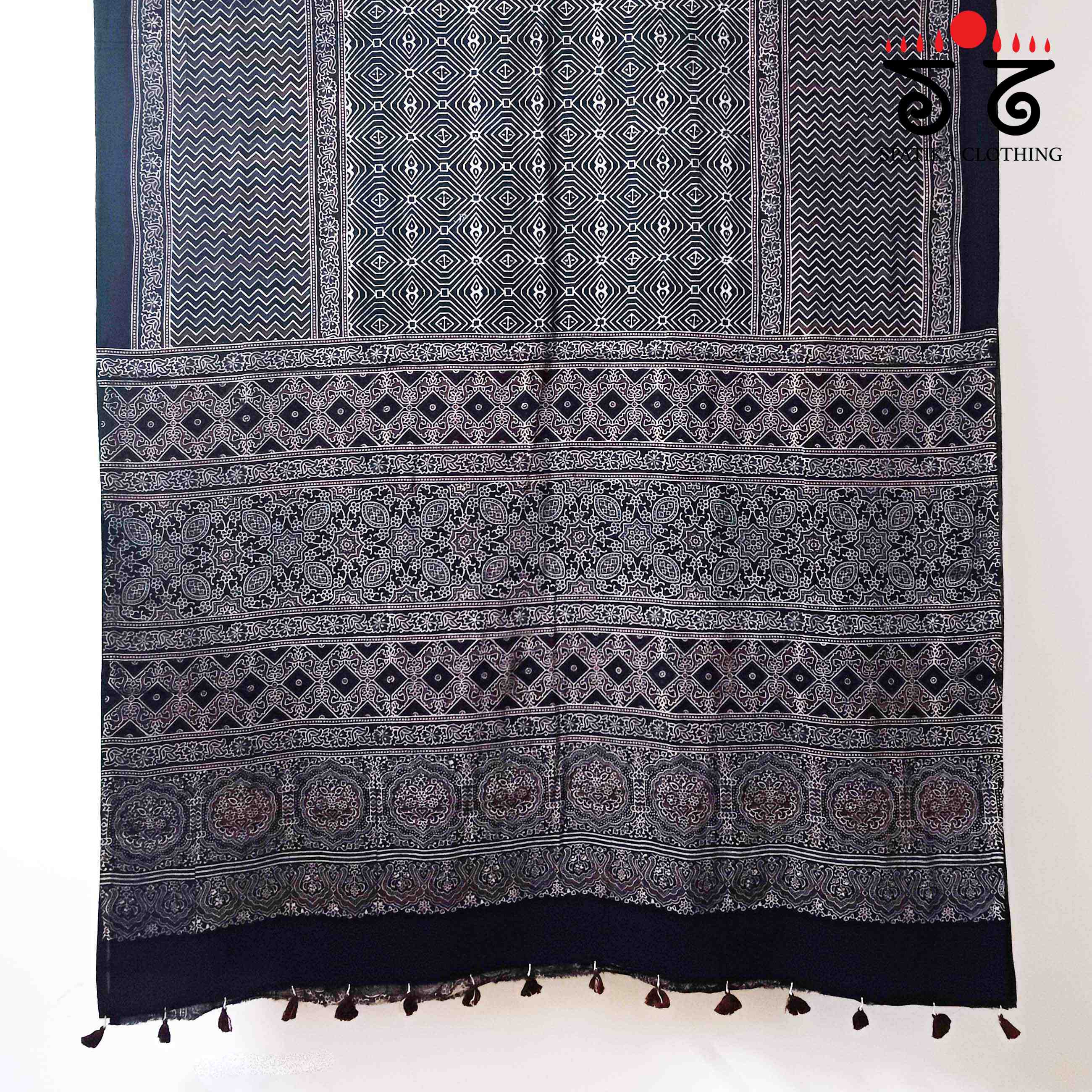 Ajrakh Handblock Print on Black Mulmul Cotton Saree