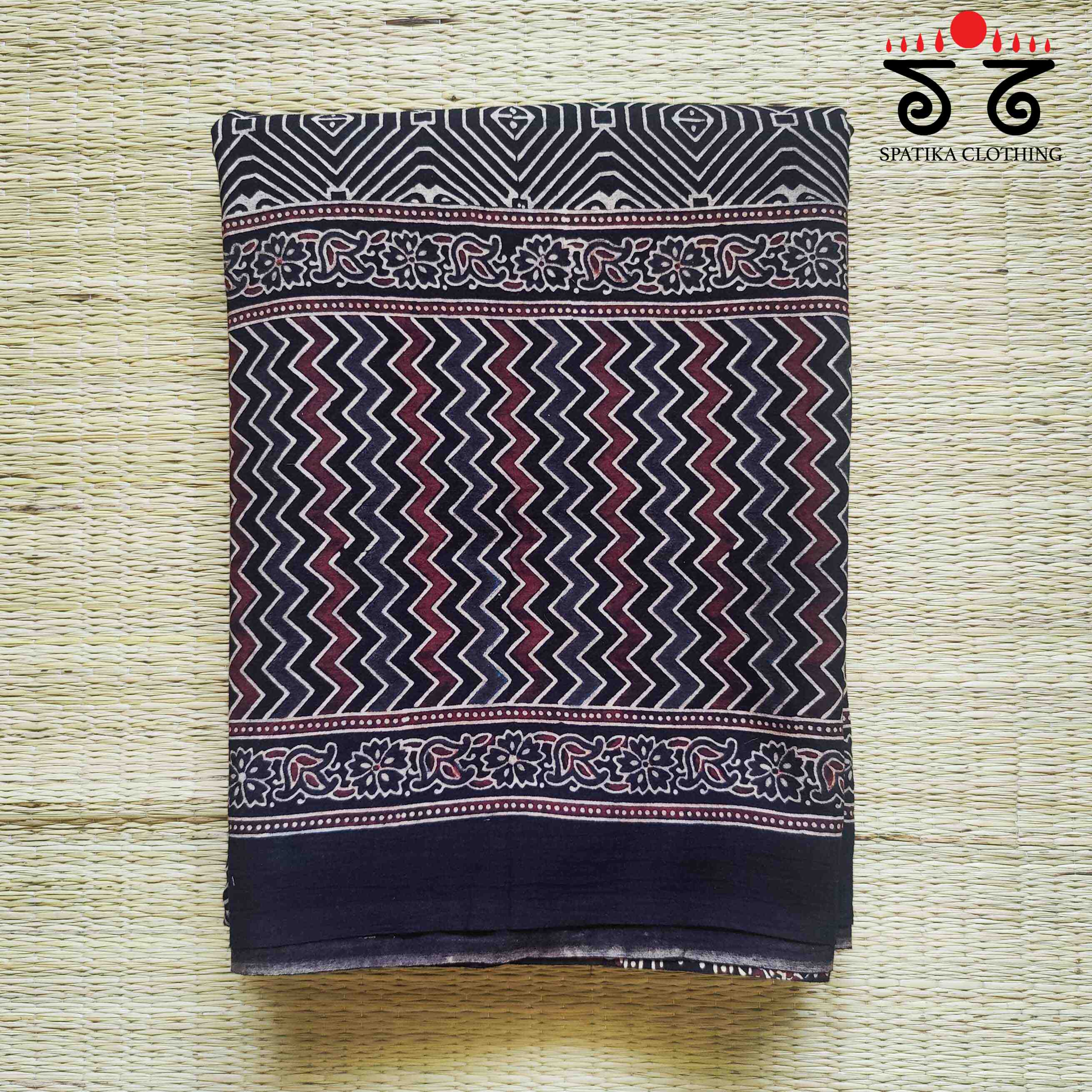 Ajrakh Handblock Print on Black Mulmul Cotton Saree