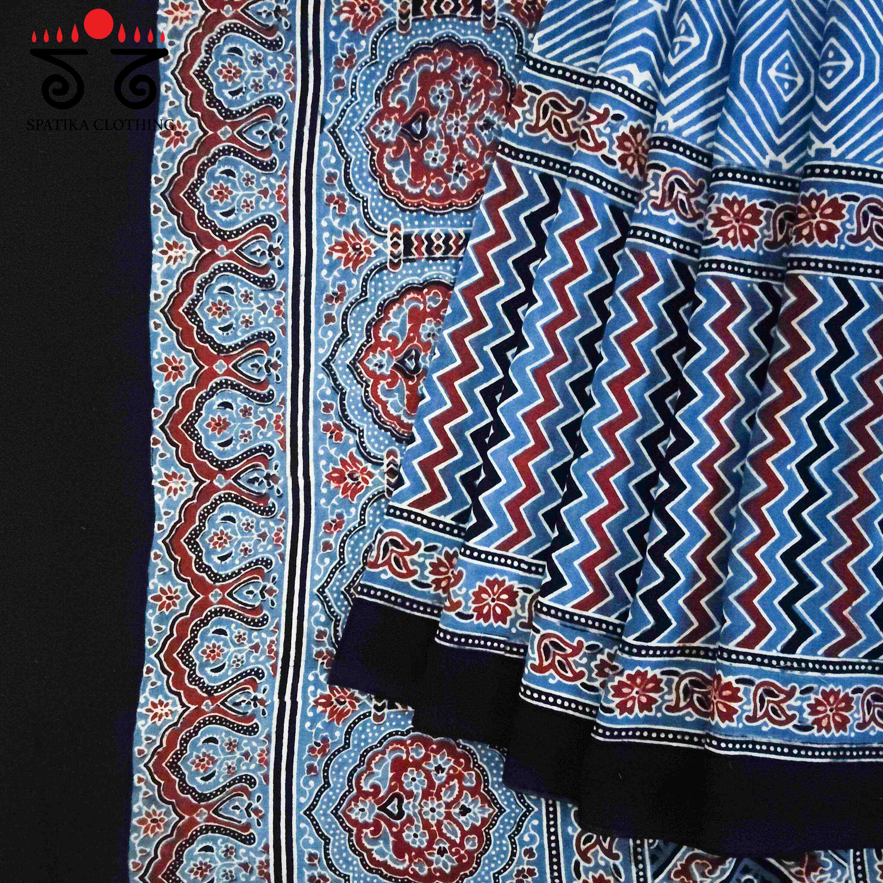 Ajrakh Handblock Print on Blue Mulmul Cotton Saree