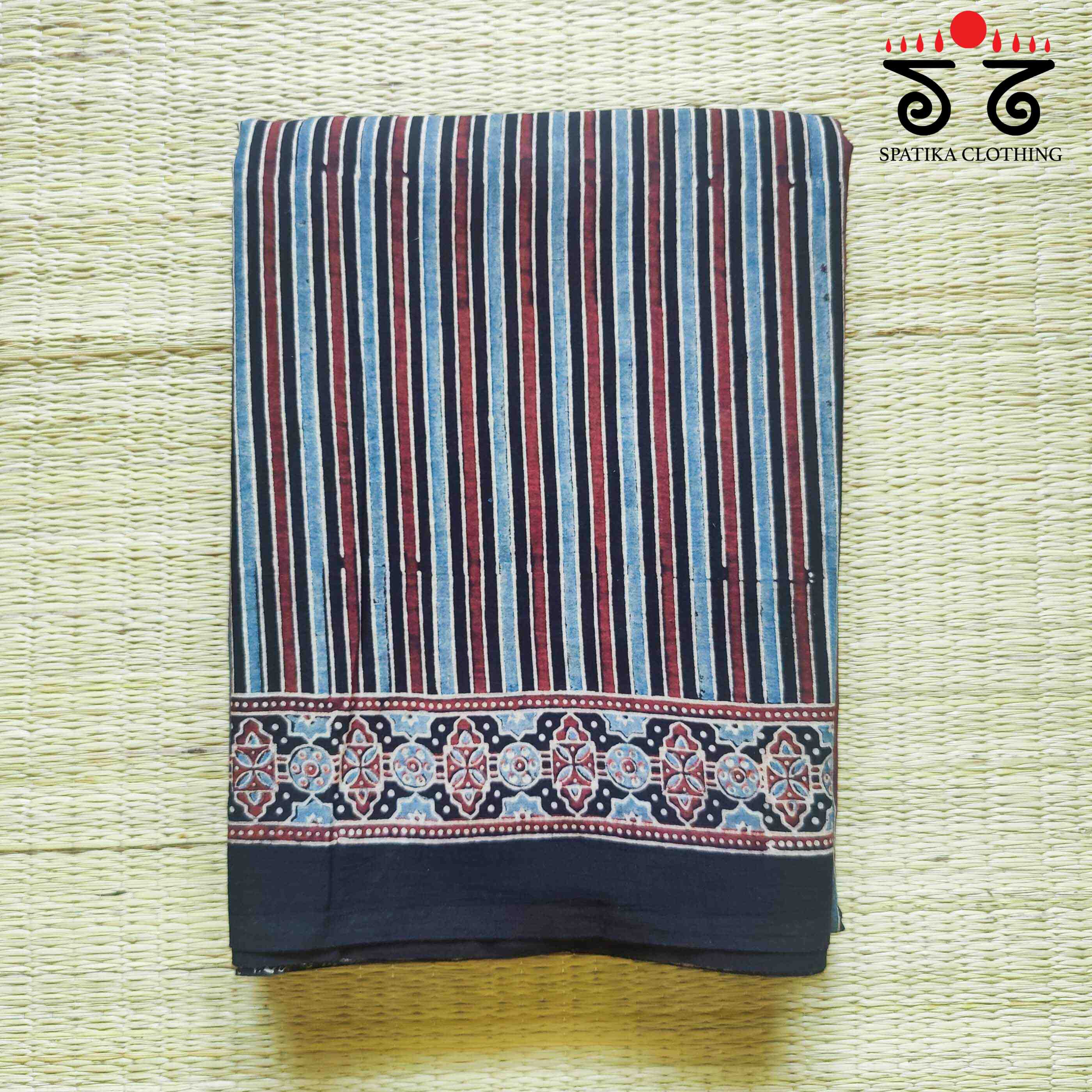 Ajrakh Handblock Print on Black Mulmul Cotton Saree