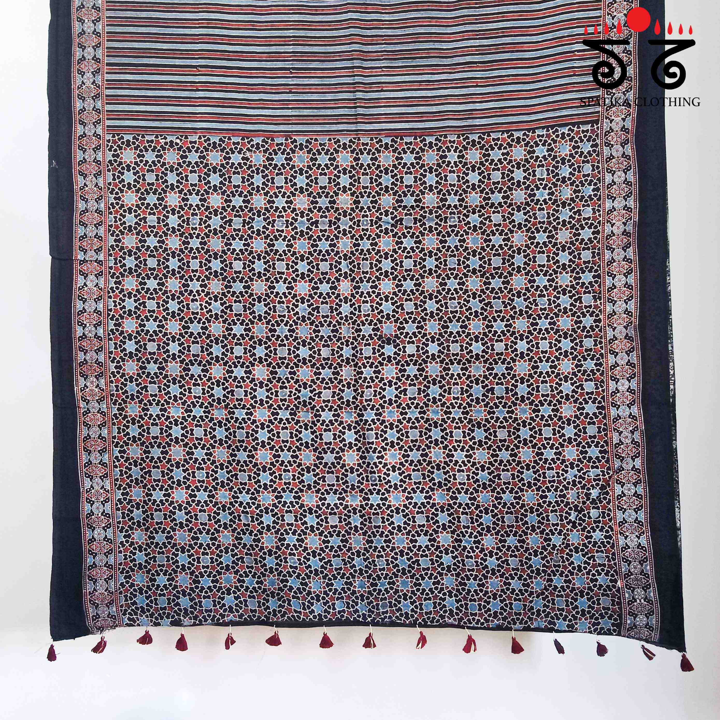 Ajrakh Handblock Print on Black Mulmul Cotton Saree